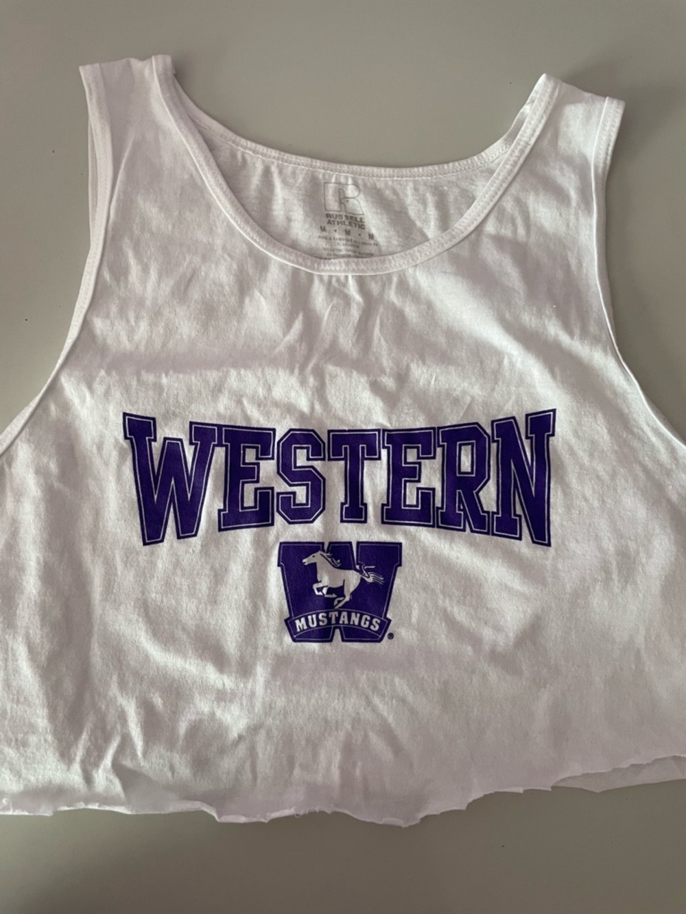Russell Athletic White Crop Tank with Purple "Western Mustangs" Graphic